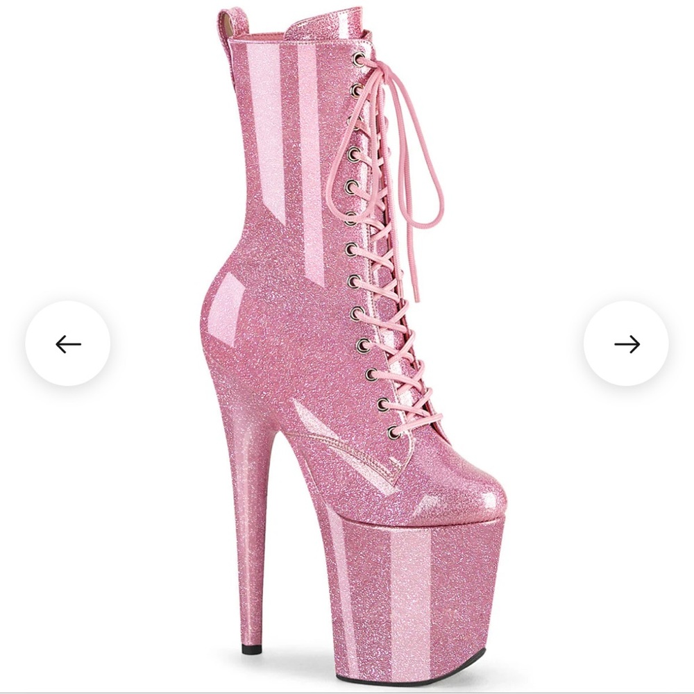 Used Flamingo 8” Pleaser size 10 Pink glitter color patent closed toe boots